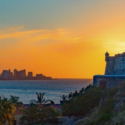 Panoramic sunset over Havana Harbor from La Cabaña